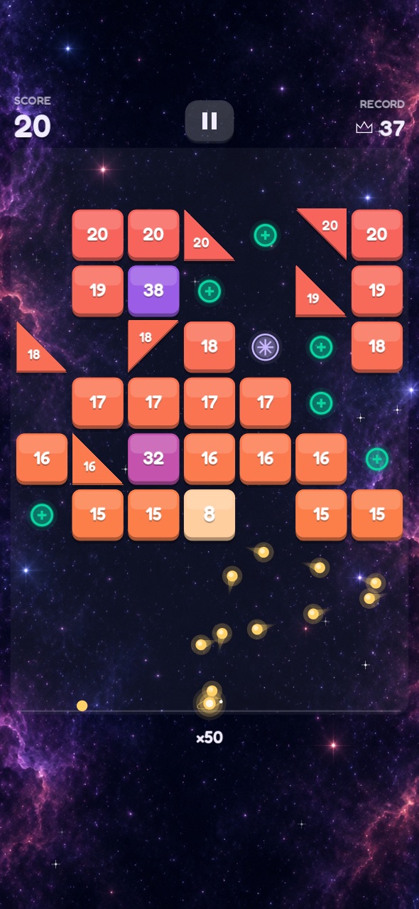 Bouncx gameplay: a volley of comets breaking colorful blocks