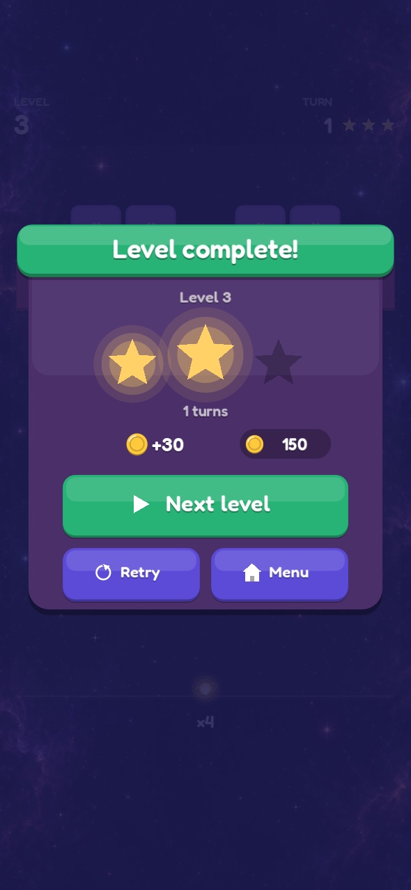 Level complete with stars and coins